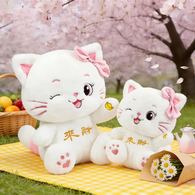 Cute Lucky Cat Plush Doll with Sakura – Soft Huggable Pillow, Kawaii Cherry Blossom Birthday Gift for Girls